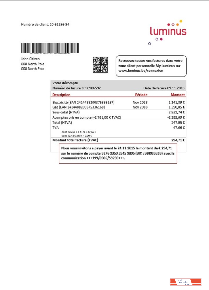 Belgium Luminus utility bill template in Word and PDF format (in .doc and .pdf format)